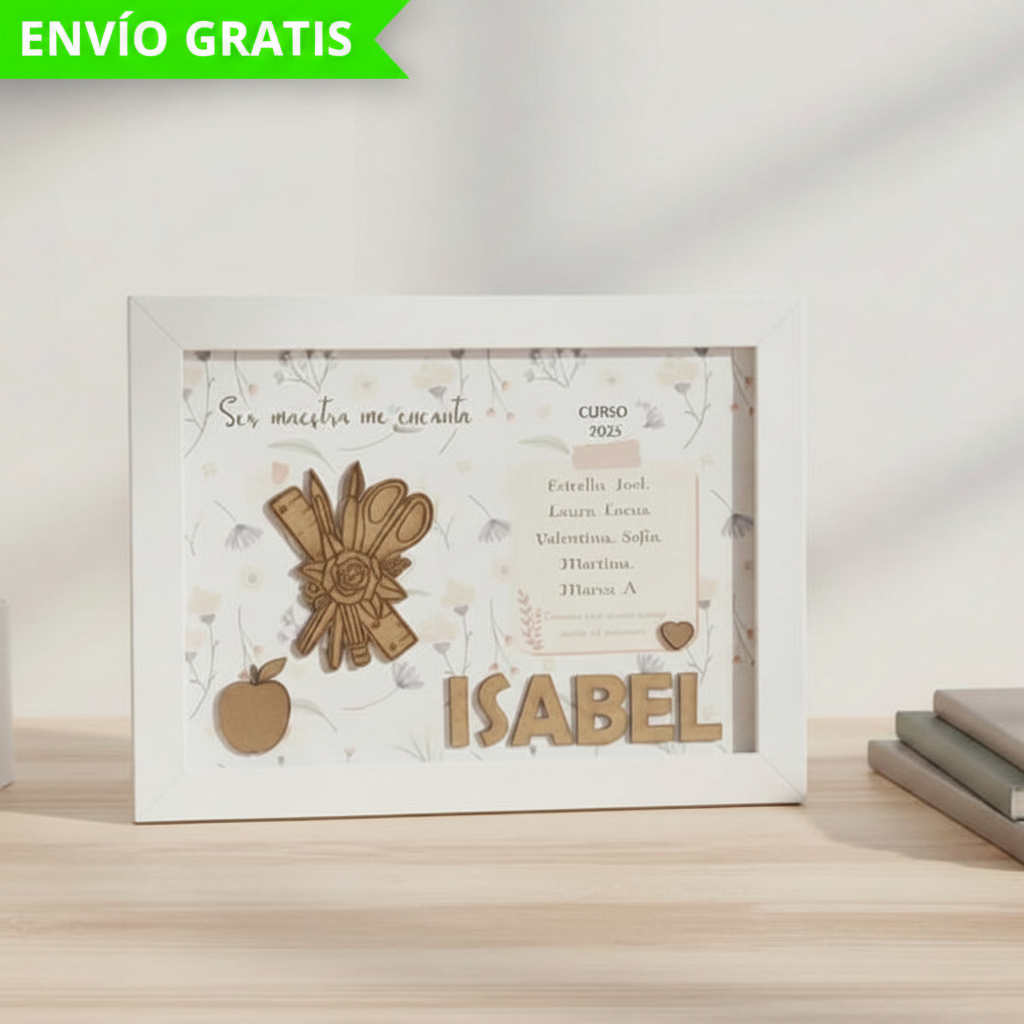 Regalo Cuadro blanco con detalles en madera para profesora