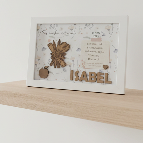 Regalo Cuadro blanco con detalles en madera para profesora