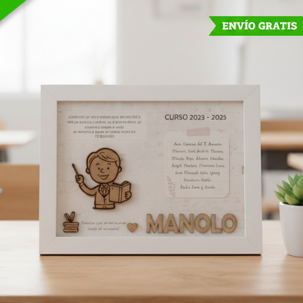 Marco blanco elegante con detalles en madera para profesor