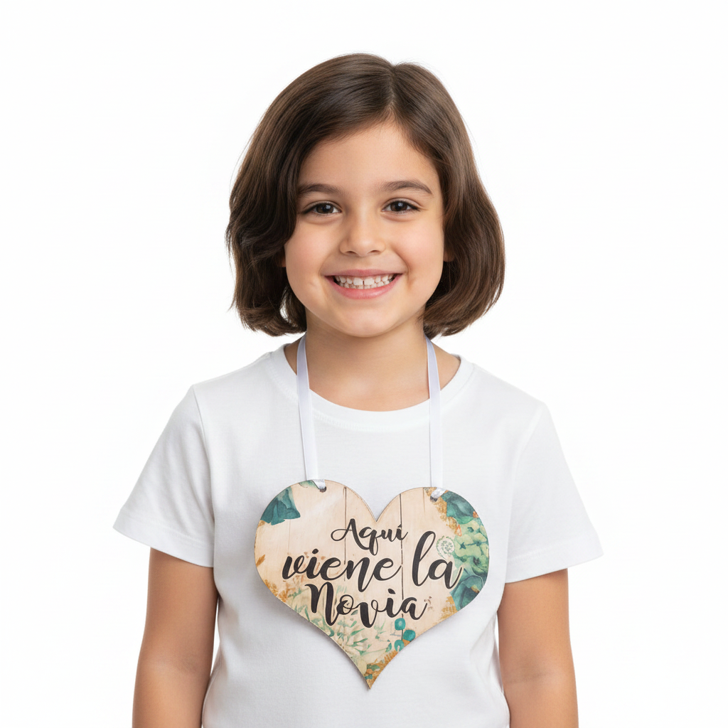 Cartel de madera con forma de corazón para pajes