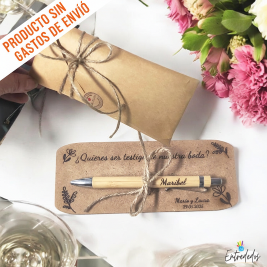 Lámina de Madera y Bolígrafo Personalizado para Testigos de Boda