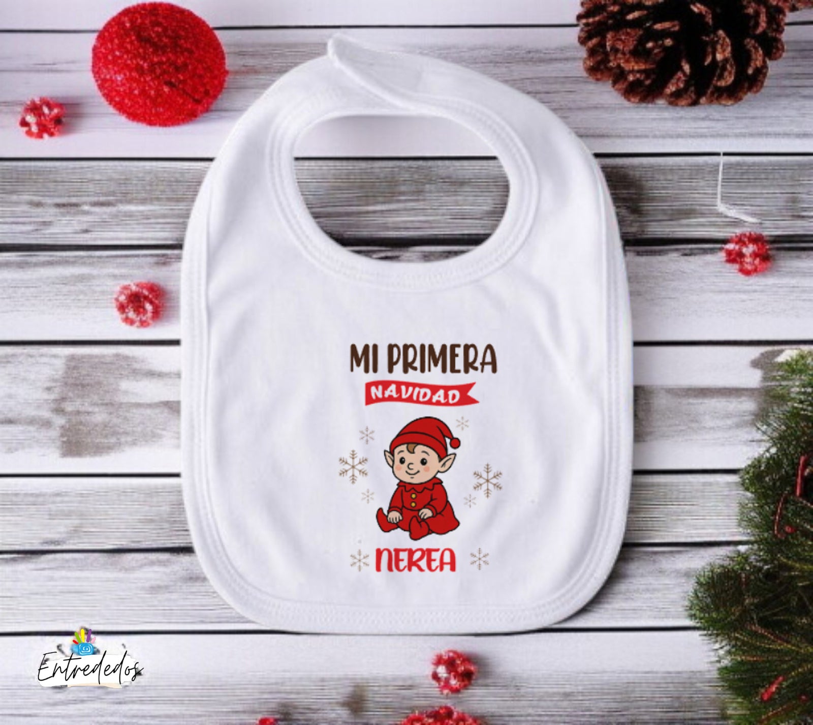 Babero elfo para bebé con nombre – Mi Primera Navidad