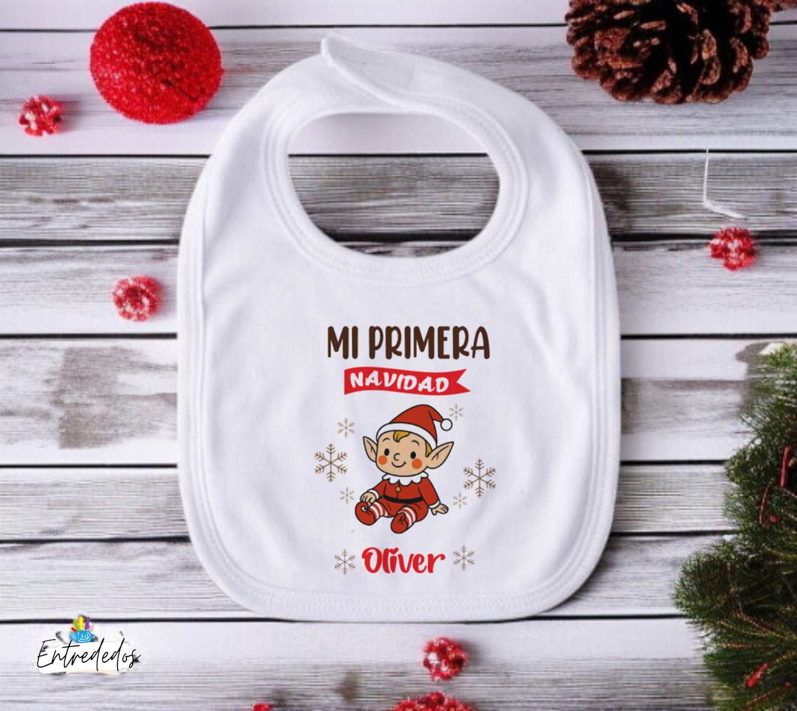 Babero bebé Mi Primera Navidad personalizado con nombre – Regalo navideño para recién nacidos