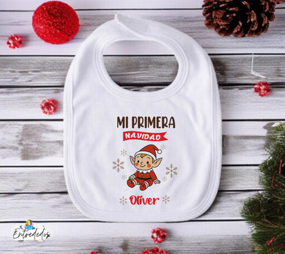Babero bebé Mi Primera Navidad personalizado con nombre – Regalo navideño para recién nacidos
