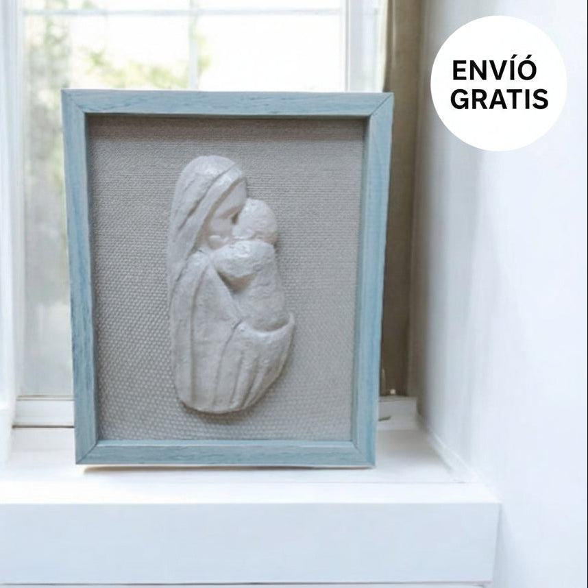 Cuadro El Tierno Abrazo de la Virgen María – Marco Natural/Azul