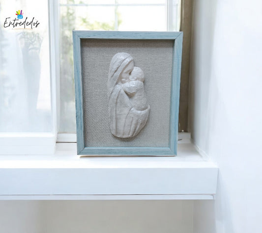 Cuadro El Tierno Abrazo de la Virgen María – Marco Natural/Azul