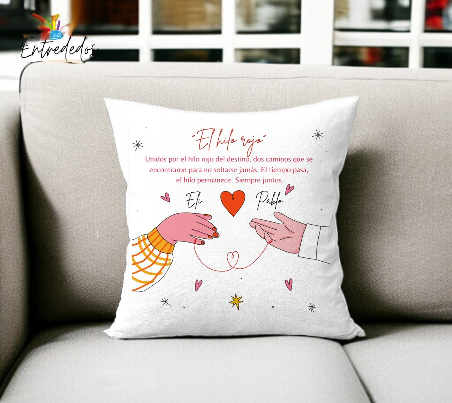Cojín personalizado Hilo Rojo del Destino 40x40 con nombres