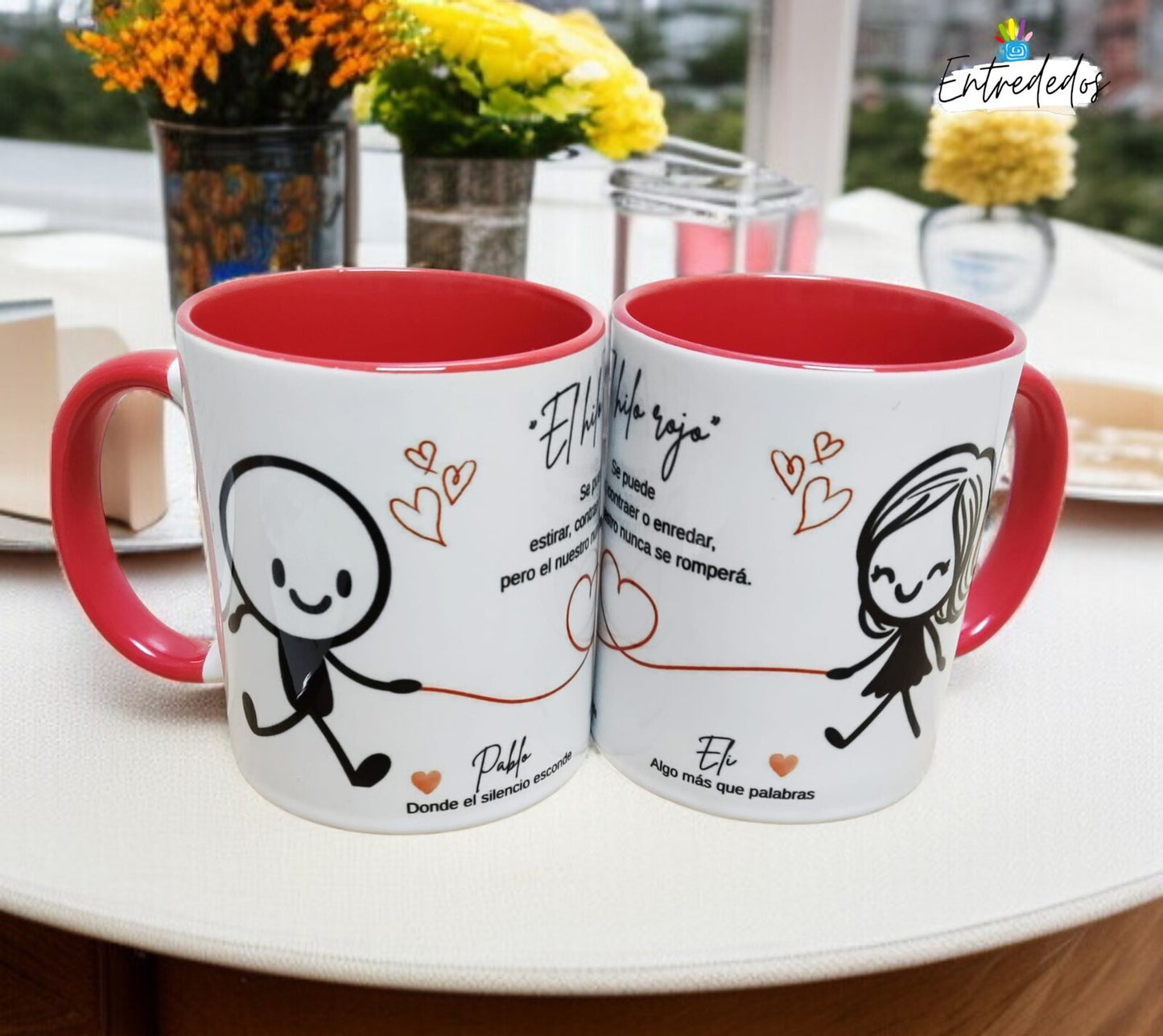 Caja regalo personalizada leyenda del hilo rojo con corazón de madera, dos tazas y dos llaveros