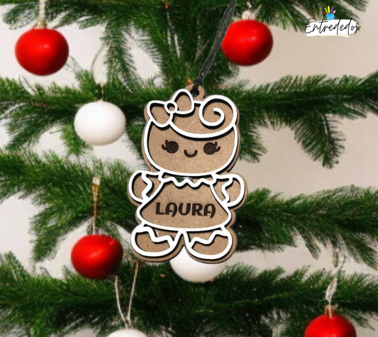 Adorno de Navidad galleta de jengibre de madera bicolor personalizado con nombre