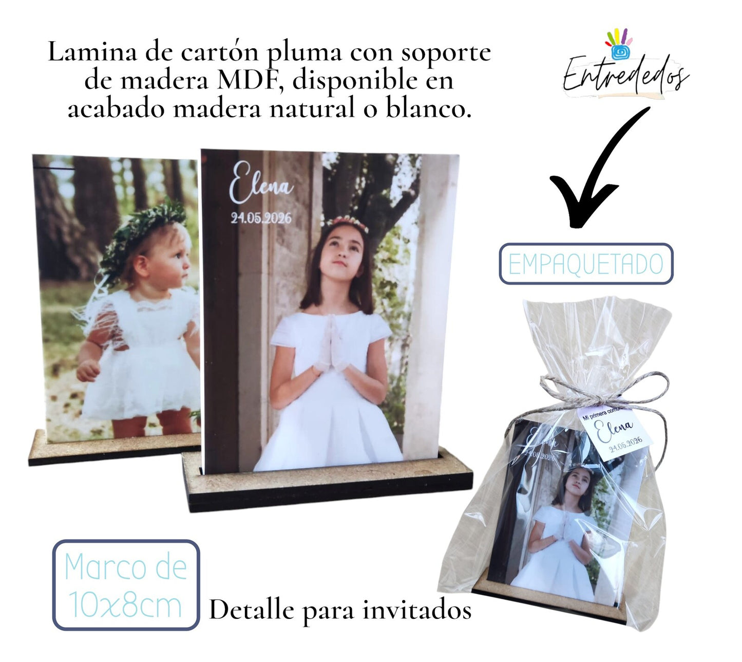 Lámina de cartón pluma personalizada de 10x8 cm con soporte de madera MDF en acabado madera o blanco, ideal como recuerdo para comunión, bautizo, cumpleaños o bodas de oro.