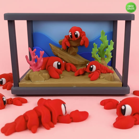 Acuario con 3 cangrejos flexibles 3d – diseño decorativo y coleccionable