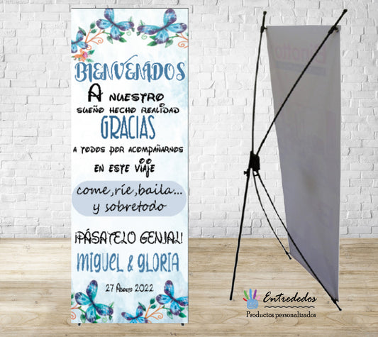 Banner para bodas diseño mariposas en tonos azules y letras disney