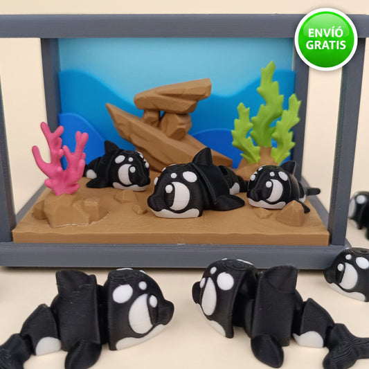 Acuario con 3 orcas flexibles 3d – diseño decorativo y coleccionable