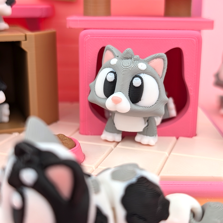 Hábitat con 3 gatitos flexibles 3D – diseño decorativo y coleccionable