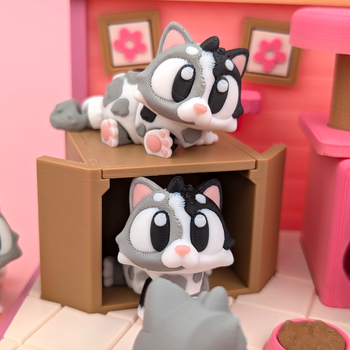 Hábitat con 3 gatitos flexibles 3D – diseño decorativo y coleccionable