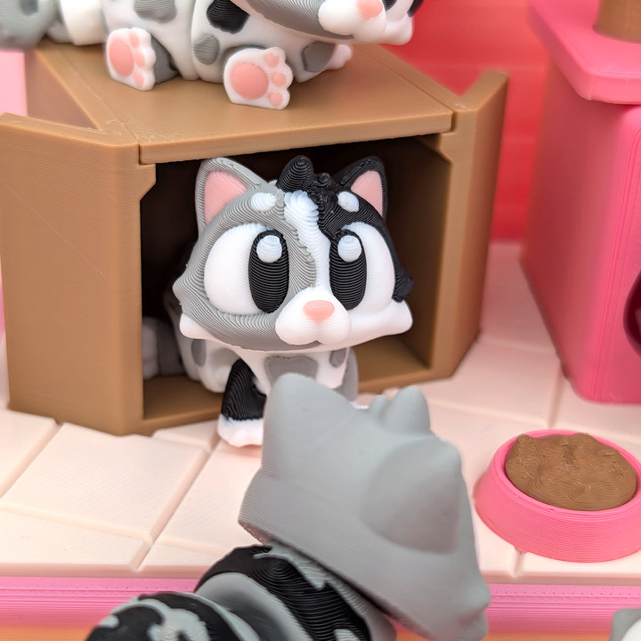 Hábitat con 3 gatitos flexibles 3D – diseño decorativo y coleccionable