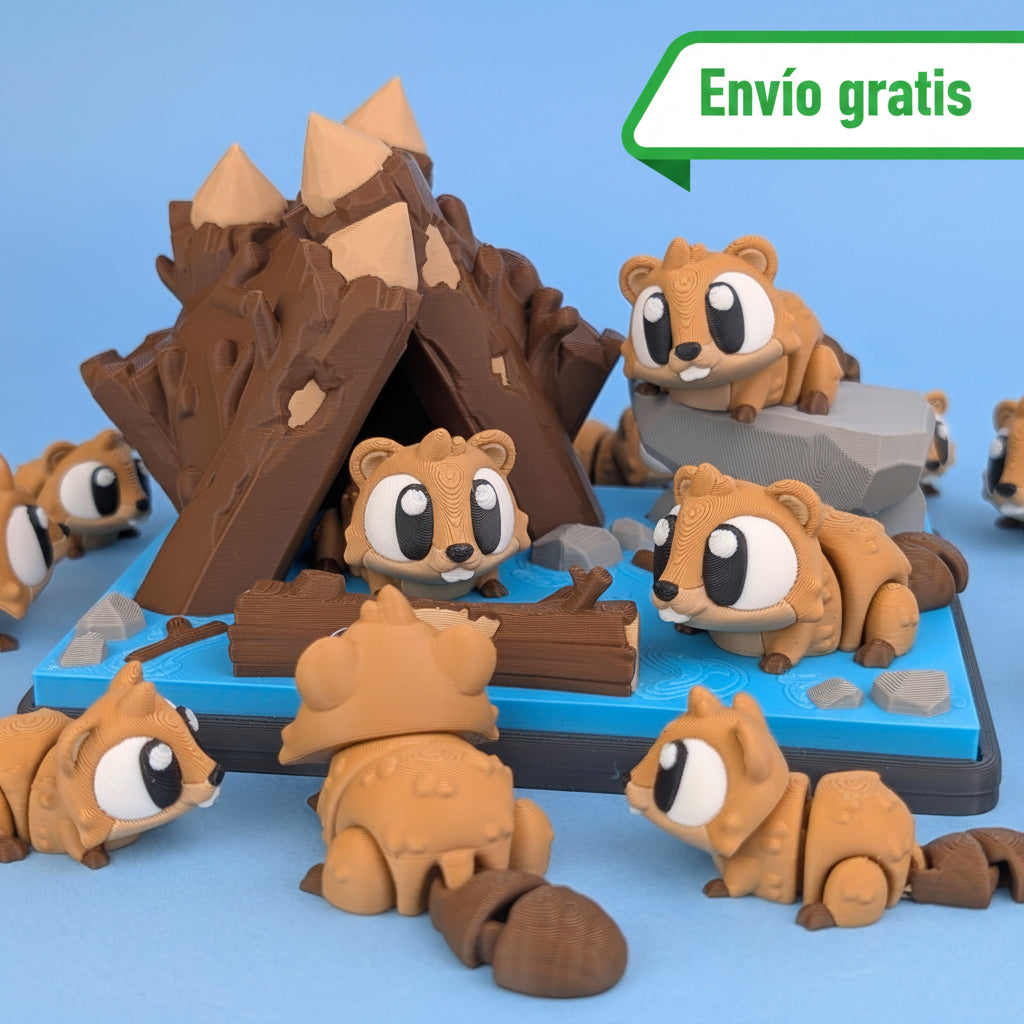 Hábitat con 3 castores flexibles 3D – diseño decorativo y coleccionable