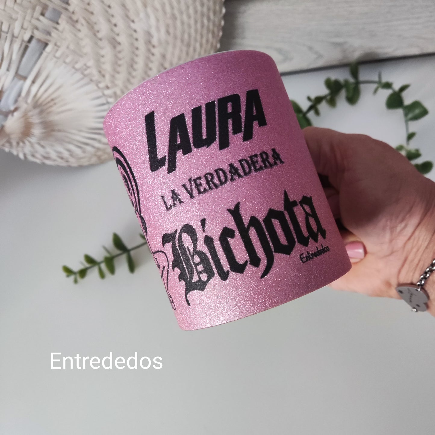 Taza con purpurina y frases personalizadas