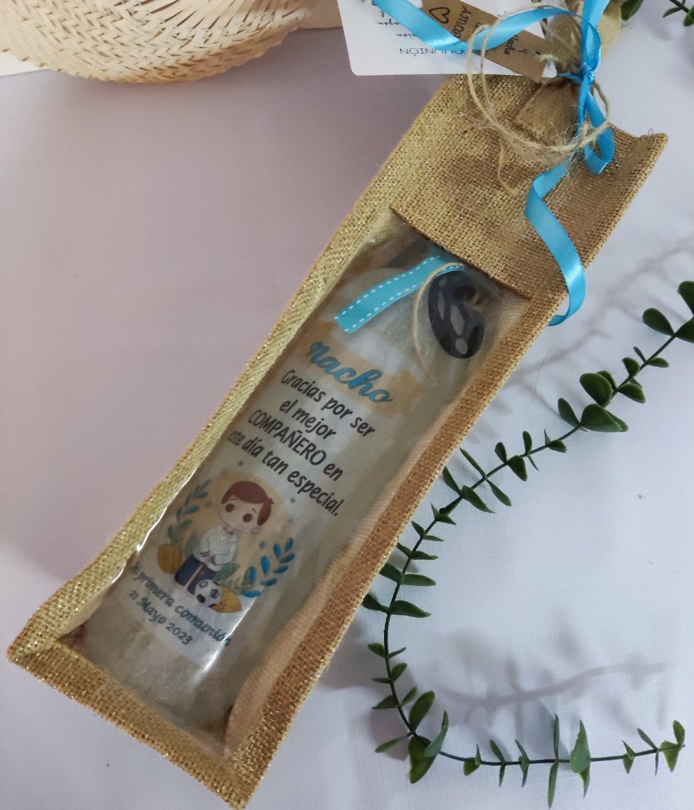 Botella luminosa + bolsa de yute  niño de comunión