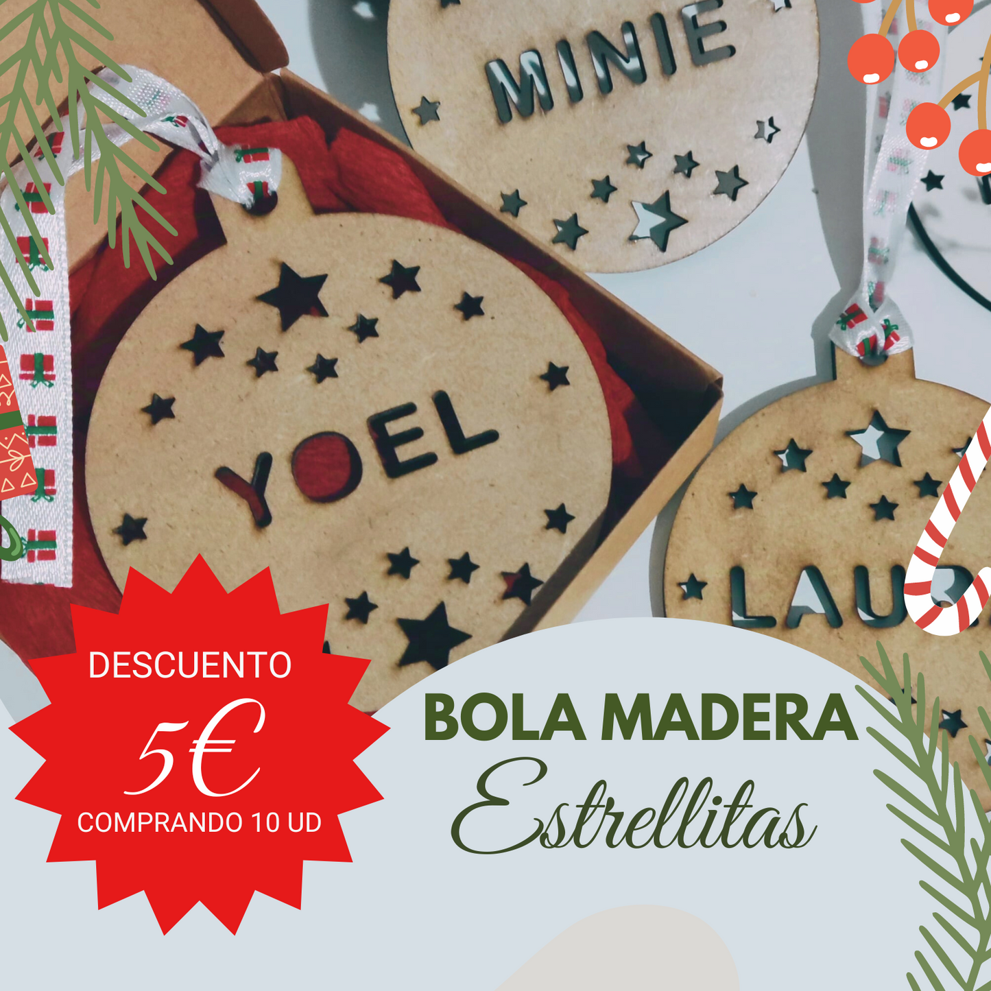 🎄 Bola madera personalizada 🎄 Estrellitas con nombre