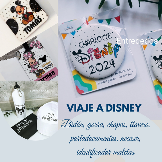 Artículos para “Viaje a Disney” mochila, botella, bidón, llavero, gorra etc..