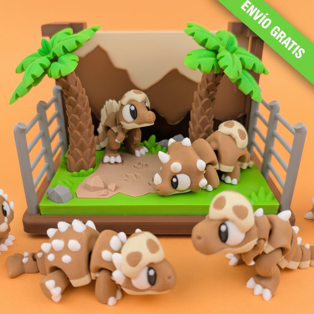 Hábitat con 3 dinosaurios flexibles 3D – diseño decorativo y coleccionable