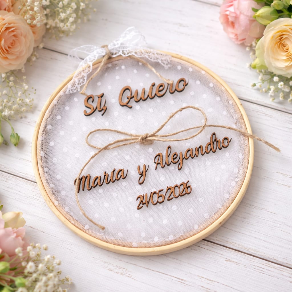 Bastidor Porta Alianzas de Tela con Letras en Madera Personalizado