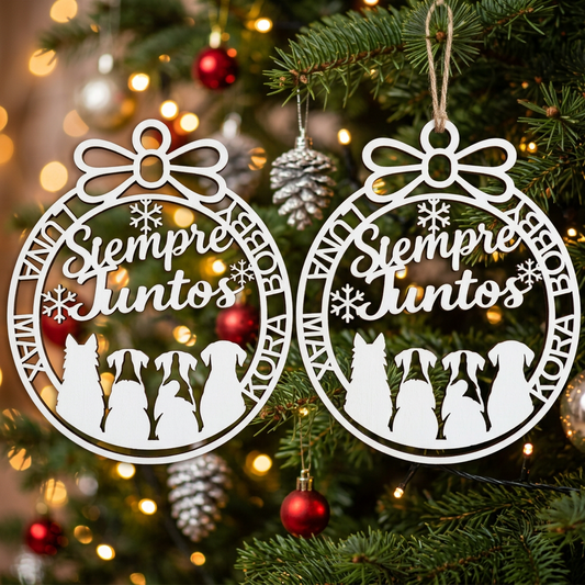 Bola de Navidad personalizada con 4 mascotas y 4 nombres en madera