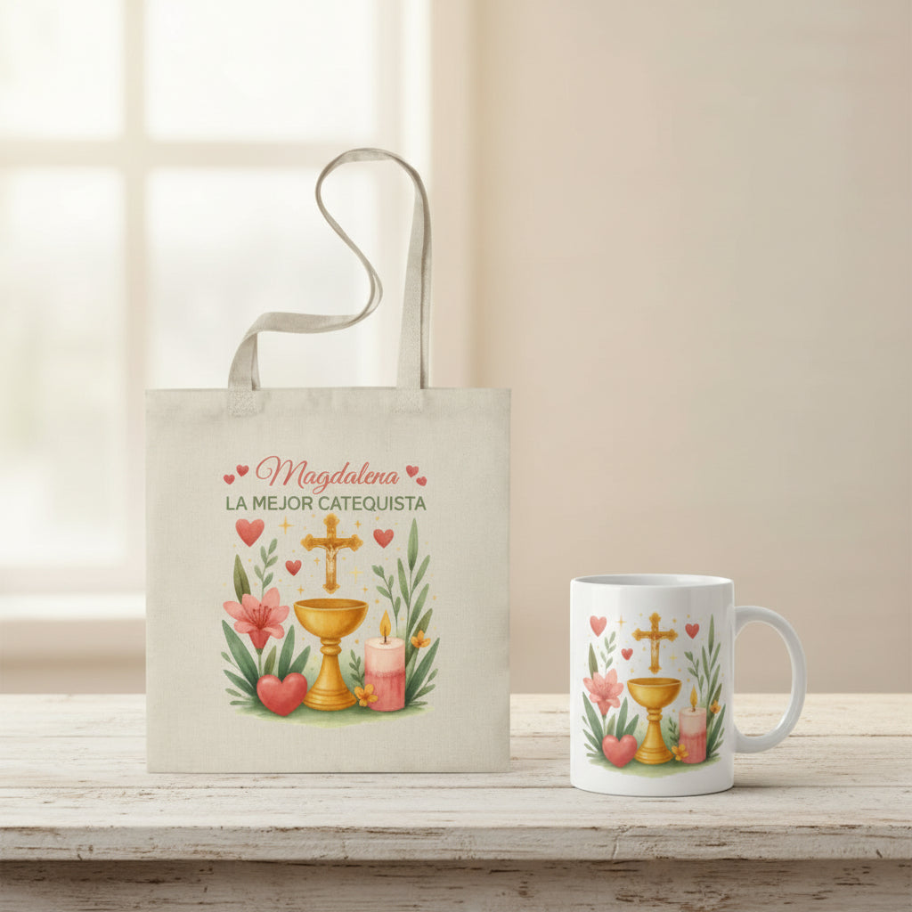Taza y bolsa para Catequista Personalizada con Nombres