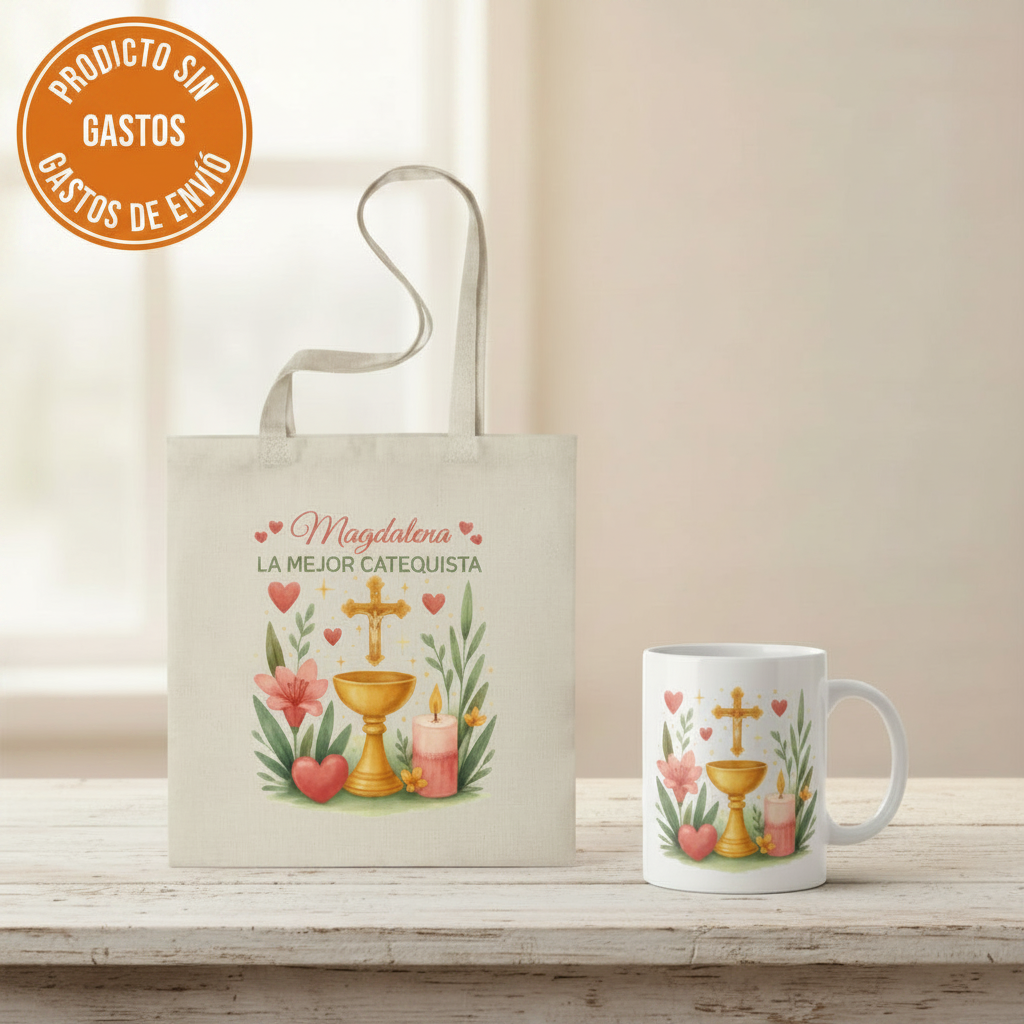 Taza y bolsa para Catequista Personalizada con Nombres
