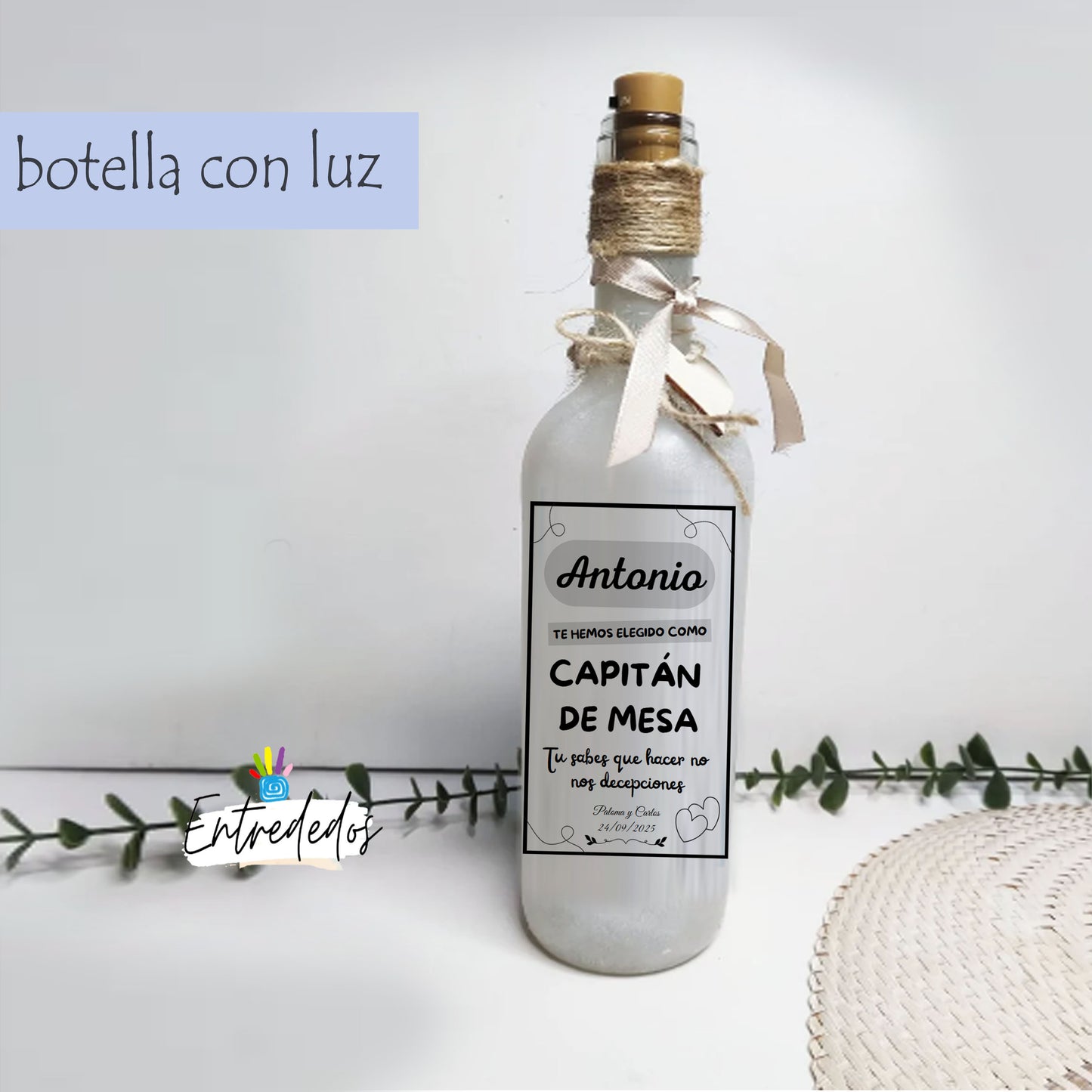 Botella luminosa para boda capitán de mesa