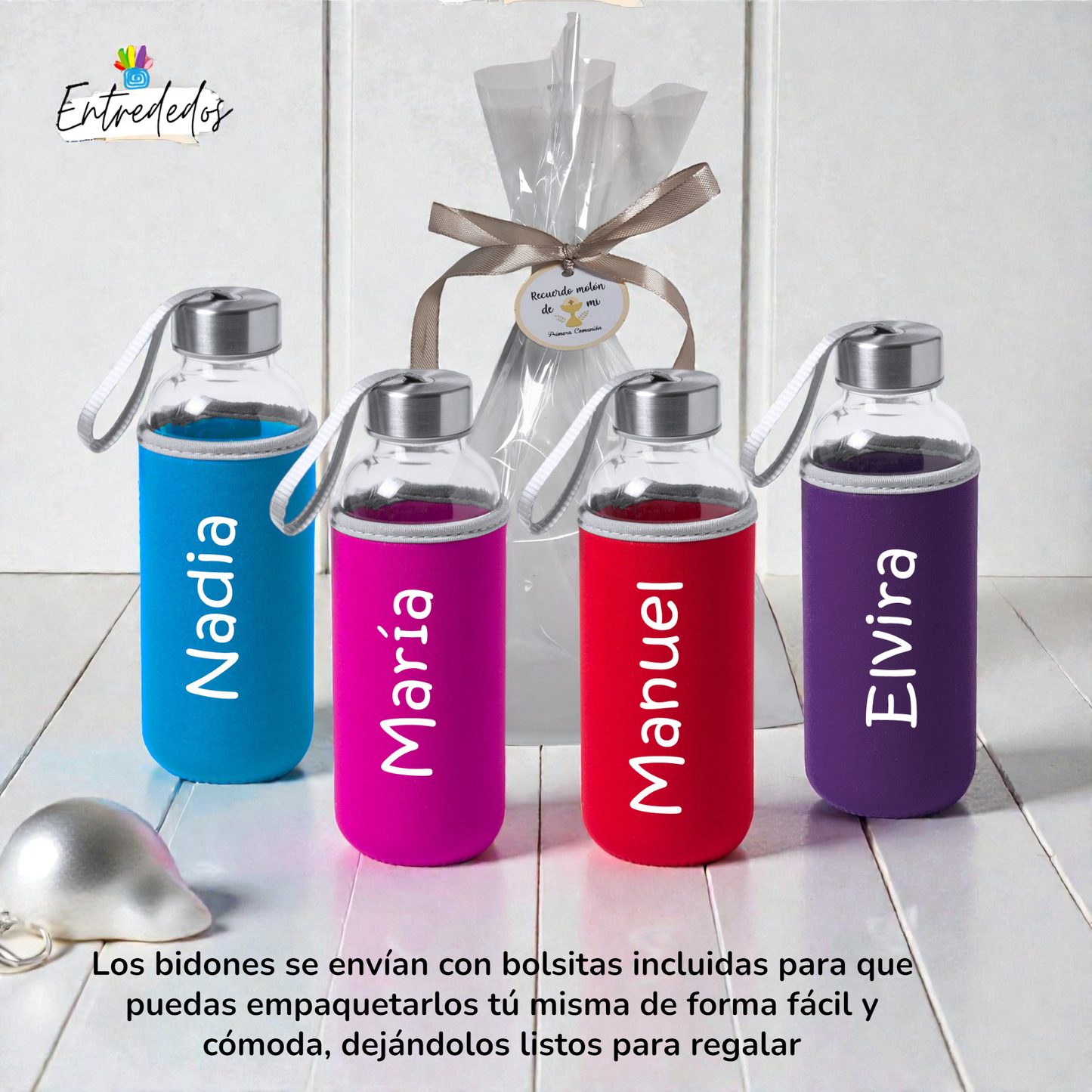 Bidón de Cristal Personalizado 420 ml con Funda de Neopreno