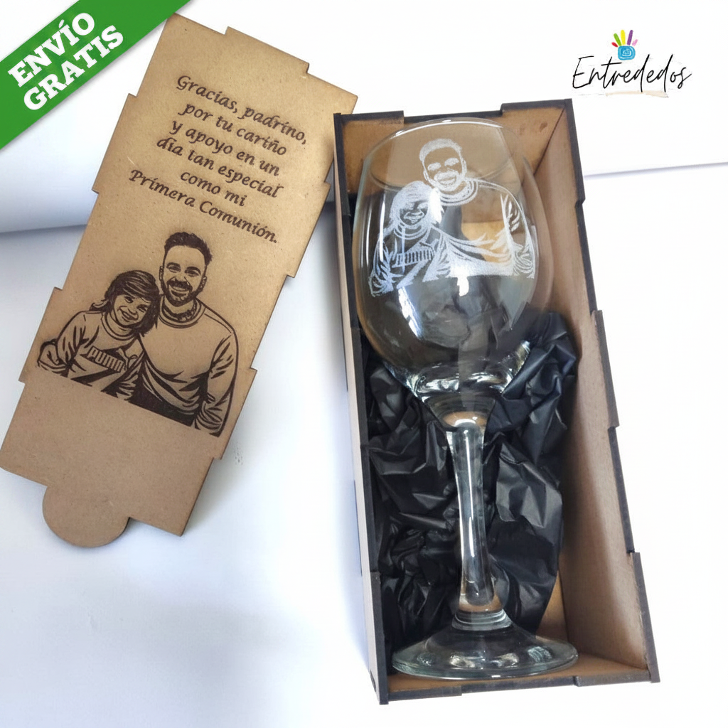 Copa de vino y caja de madera grabadas personalizadas