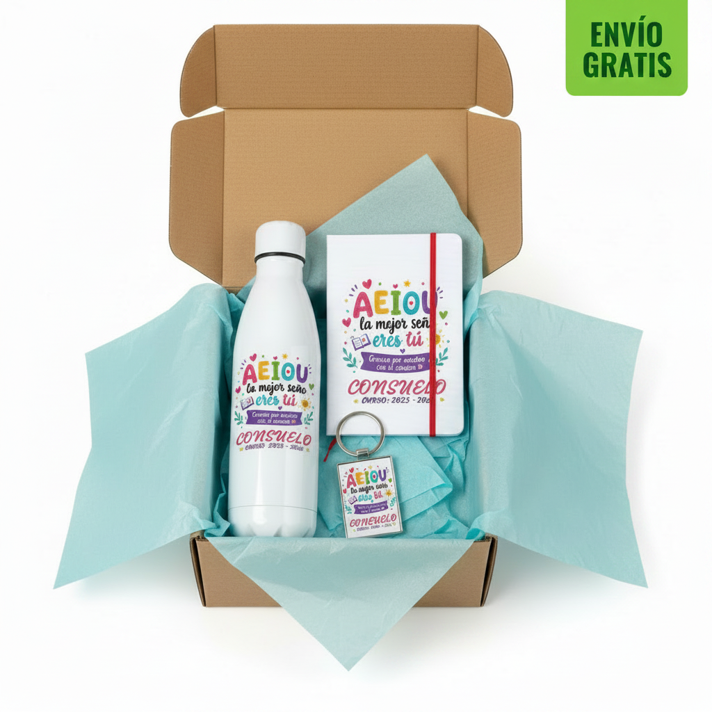 Caja regalo personalizada para profesora con botella, libreta y llavero