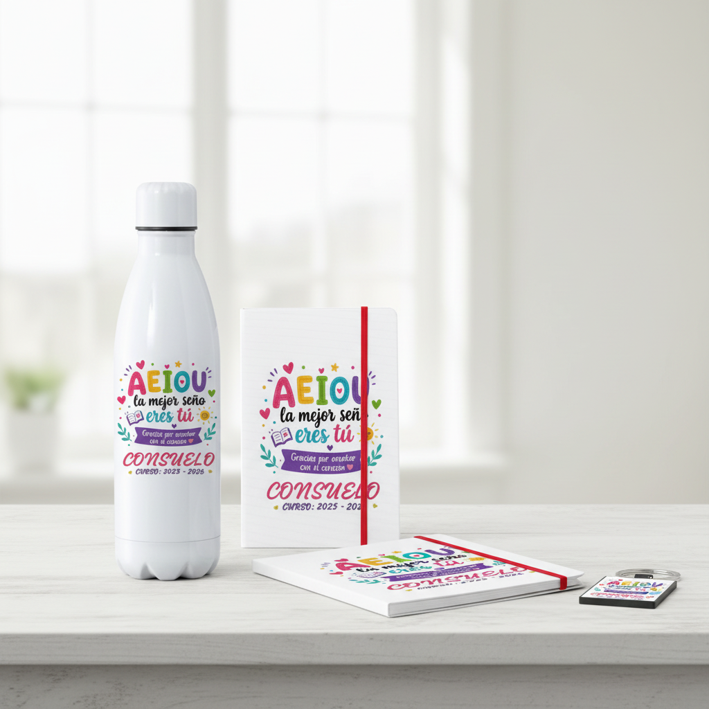 Caja regalo personalizada para profesora con botella, libreta y llavero