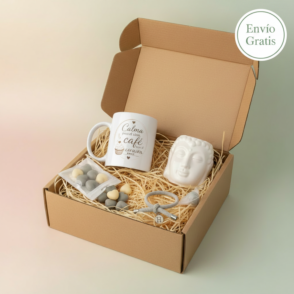 Caja Regalo Buda con Taza, Quemador de Aceite y Pulsera Inicial