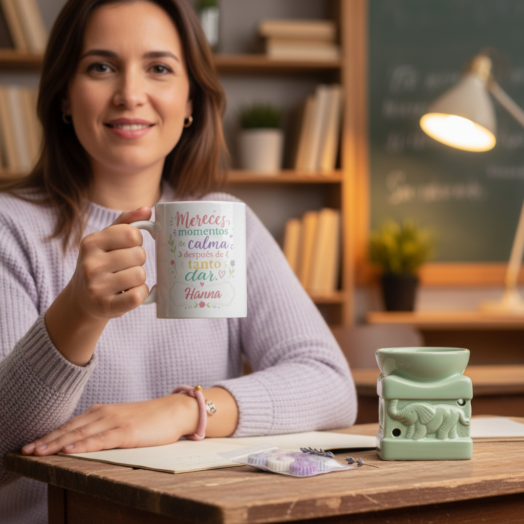 Caja Regalo Profesora con Taza, Quemador de Aceite y Pulsera Inicial