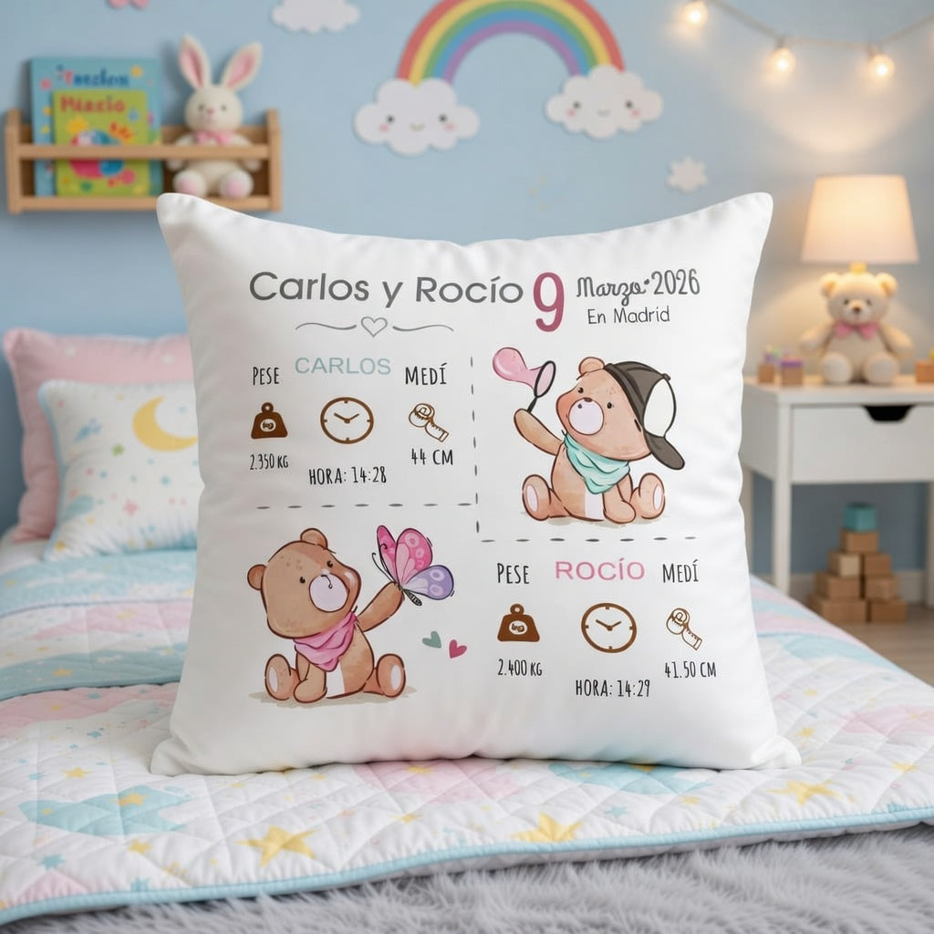 Cojín Natalicio Personalizado para Gemelos con Relleno