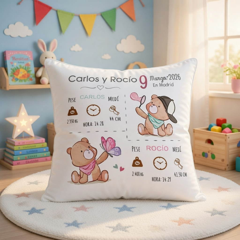 Cojín Natalicio Personalizado para Gemelos con Relleno