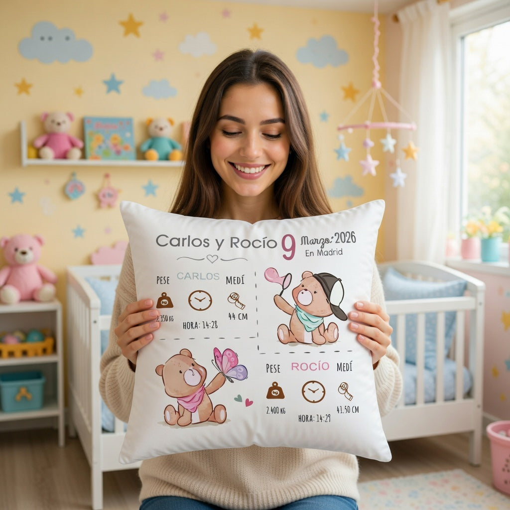 Cojín Natalicio Personalizado para Gemelos con Relleno