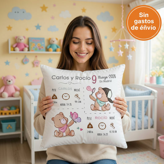 Cojín Natalicio Personalizado para Gemelos con Relleno (🚚 Incl.)
