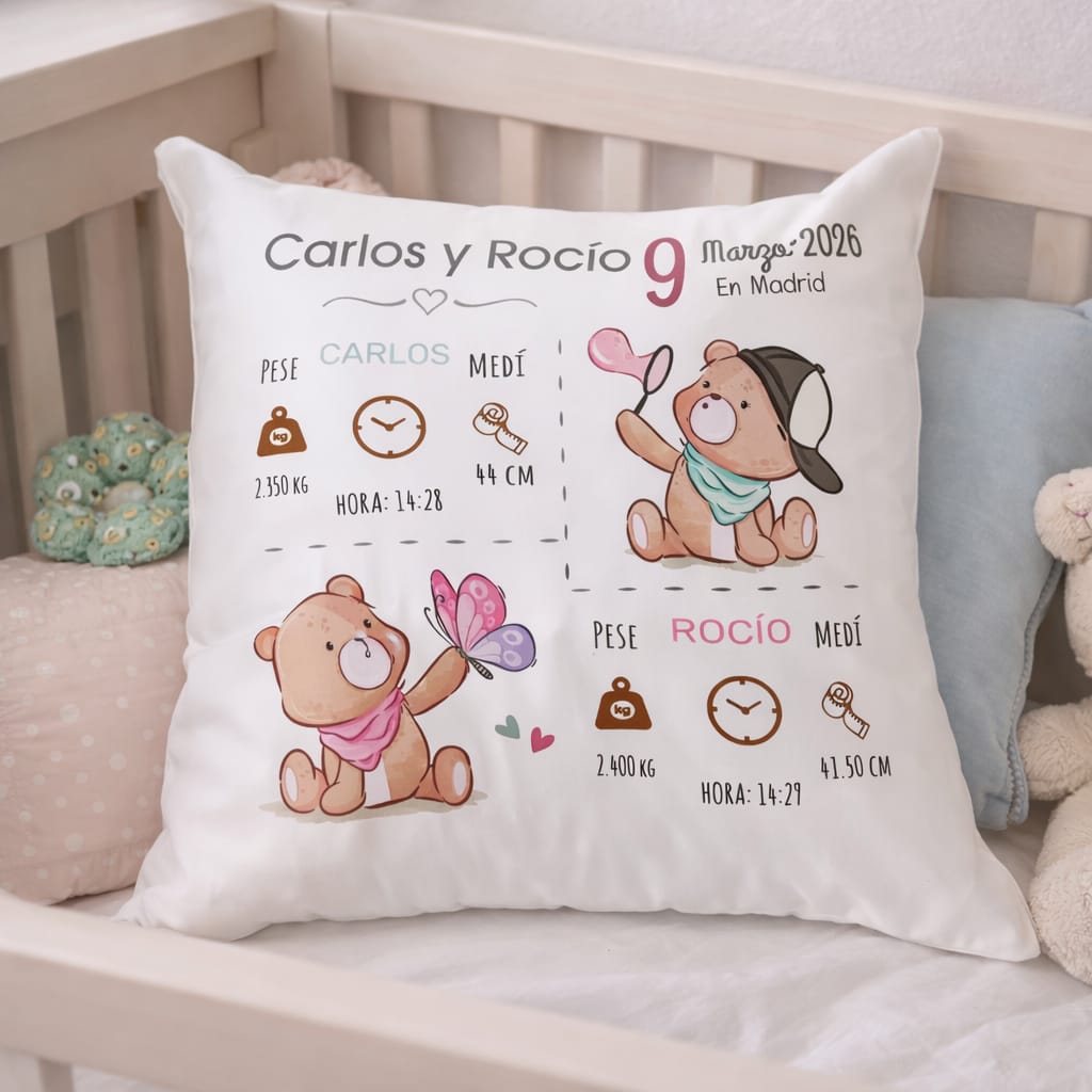 Cojín Natalicio Personalizado para Gemelos con Relleno