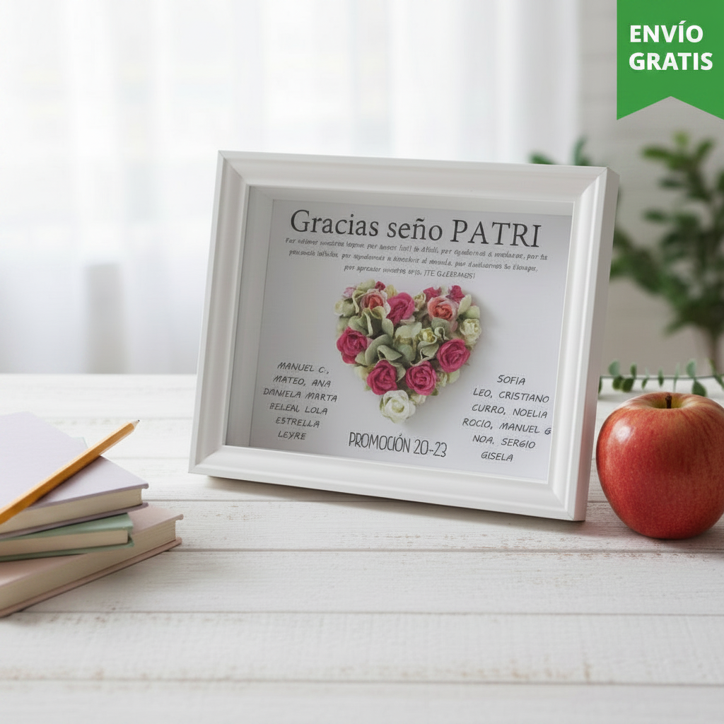 Regalo para Profesoras - Cuadro blanco con detalles en madera y flores