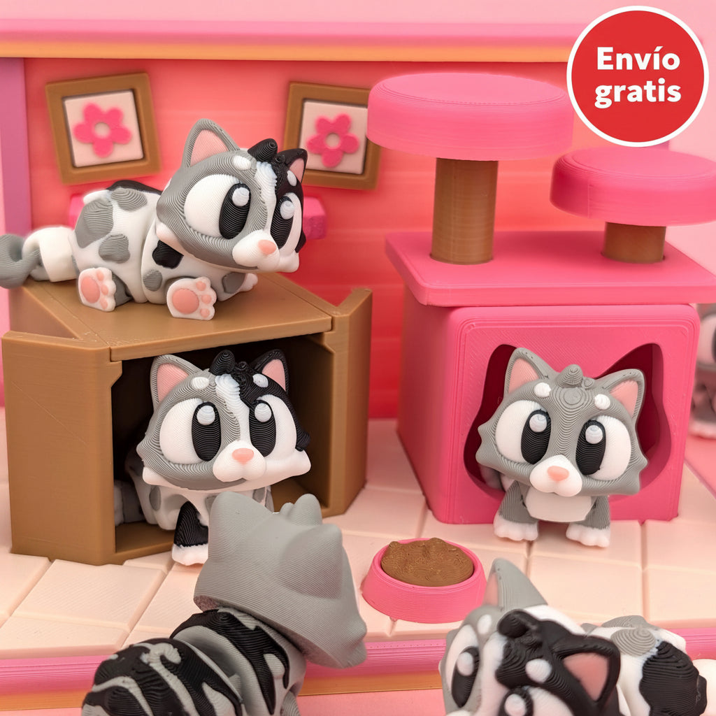 Hábitat con 3 gatitos flexibles 3D – diseño decorativo y coleccionable