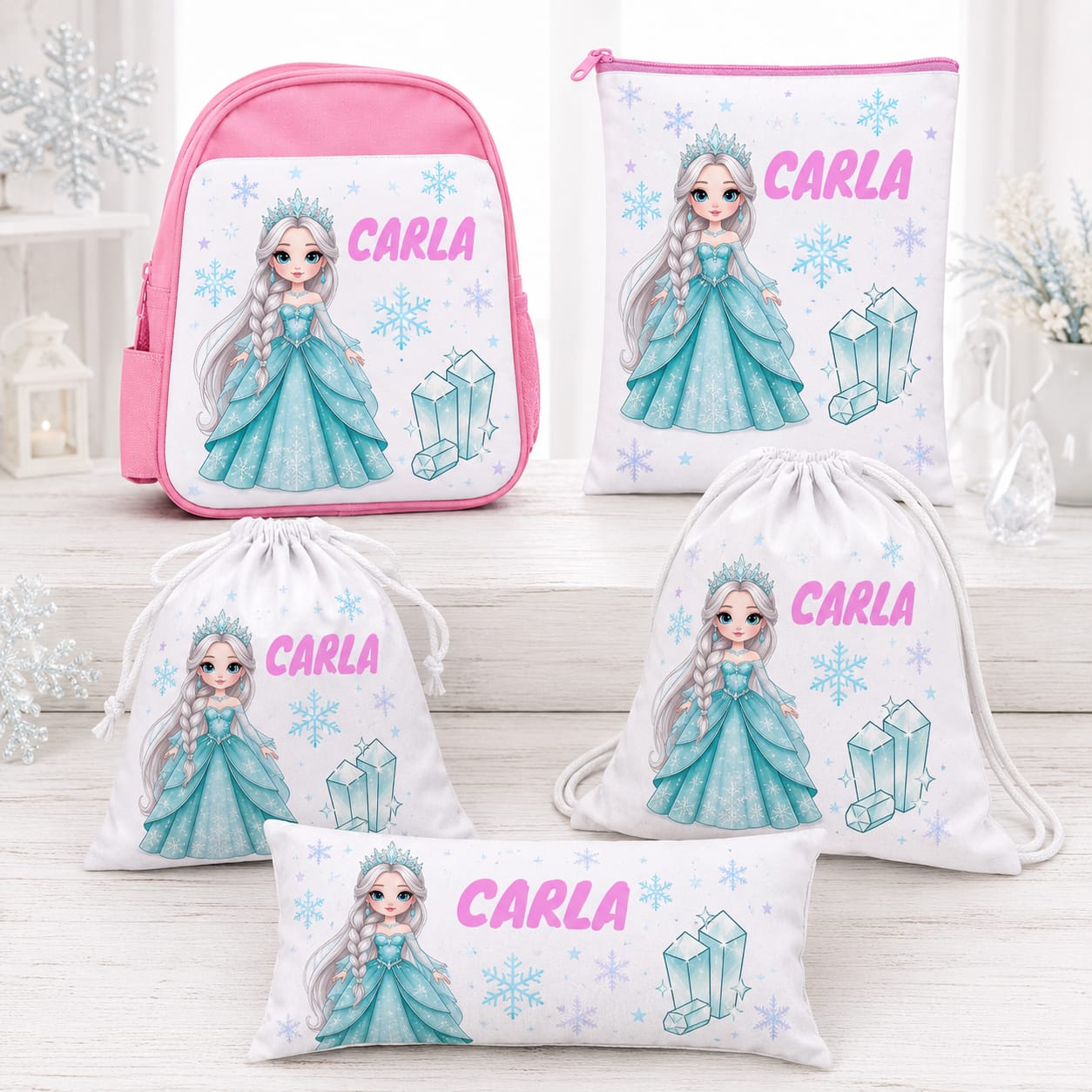 Mochila Escolar Rosa Personalizada - Princesa de Hielo