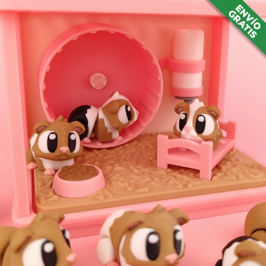 Hábitat con 3 hámster flexibles 3D – diseño decorativo y coleccionable