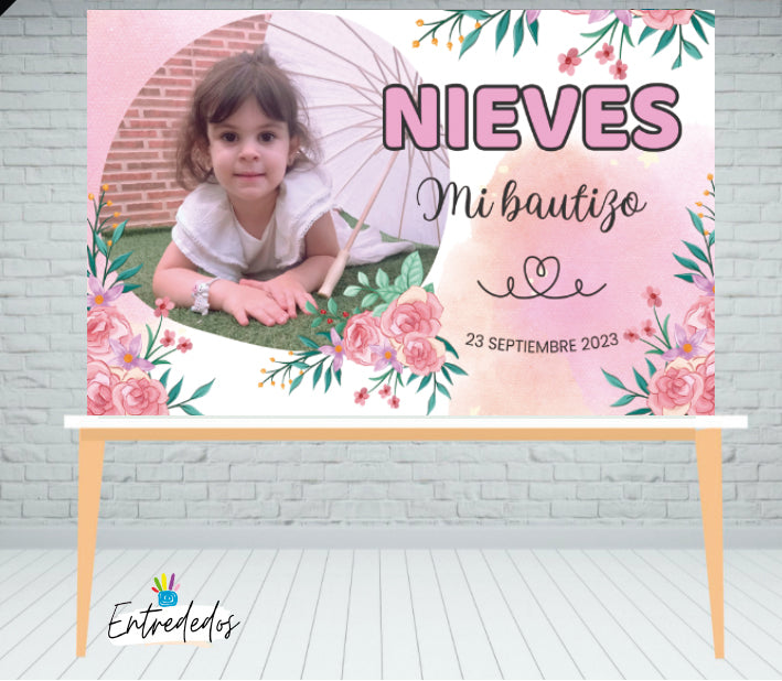 Fondo para mesa de dulces diseño flores tonos rosas bautizo