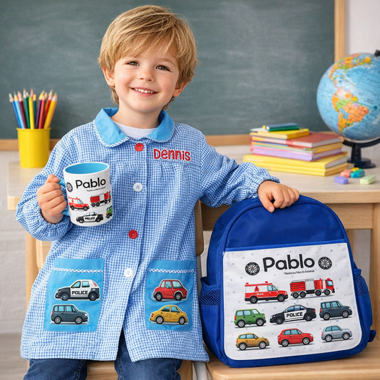 Lote escolar personalizado con nombre – Bata, Mochila, Taza, Toalla infantil