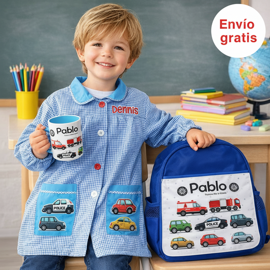 Lote escolar personalizado con nombre – Bata, Mochila, Taza, Toalla infantil