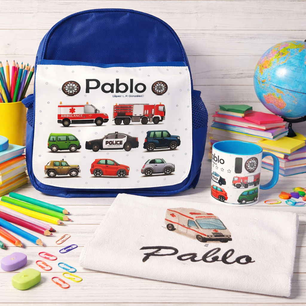 Lote escolar personalizado con nombre – Bata, Mochila, Taza, Toalla infantil